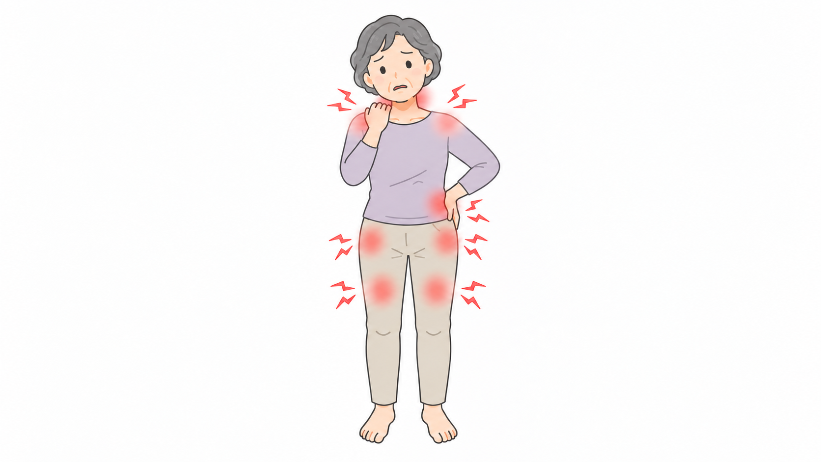首・肩・おしり・太ももに痛みを感じている60代女性