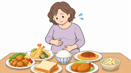 複数の料理と腹囲を気にする女性