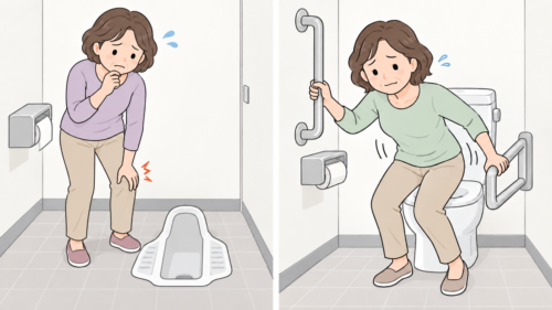 和式トイレ前で困っている女性と、手すりを使って立ち上がる女性